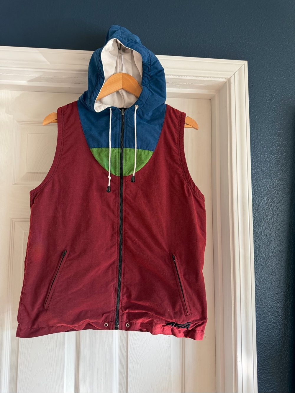 vintage Avia Burgundy Vest with Blue Hood and Green Accent